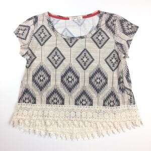 Rewind Southwest Print Top Cream Crocheted Trim